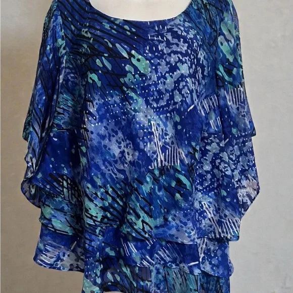 ALEX EVENINGS PLUS SIZE 2X BLUE CHIFFON RUFFLE TIERED ASYMMETRIC BLOUSE TOP - Picture 1 of 12
